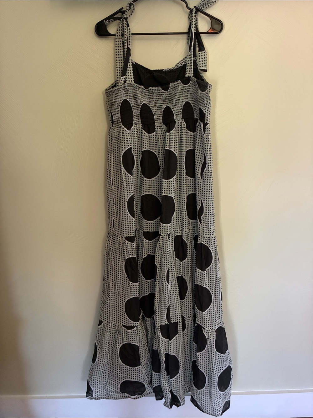Carly Jean Los Angeles Black & Gray Cotton Polka Dot Tie-Shoulder Maxi Dress L - Picture 7 of 11